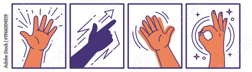 Flat icon set of 4 hand gestures featuring high five, pointing, waving and ok sign for communication design