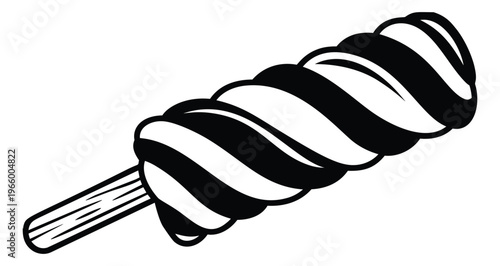 Woodcut illustration of a swirl chocolate ice cream bar depicting a twisted popsicle on stick for food and dessert design