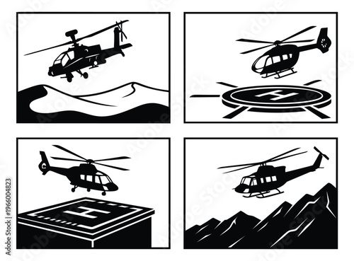 Silhouette icon set of 4 helicopters featuring military attack, civilian and mountain rescue aircraft for aviation design