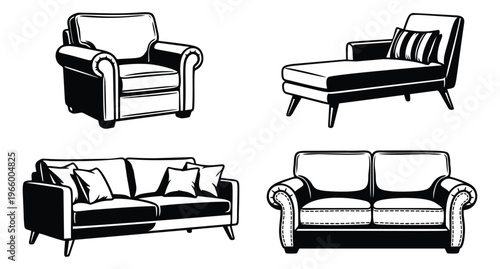 Black and white cartoon icon set of 4 sofas and chairs featuring armchair, chaise lounge and couches for furniture and interior design