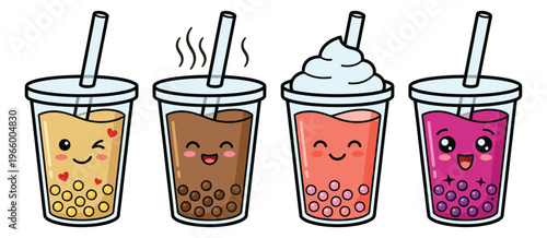 Cartoon icon set of 4 cute bubble tea cups featuring kawaii faces and colorful boba drinks for cafe and menu design