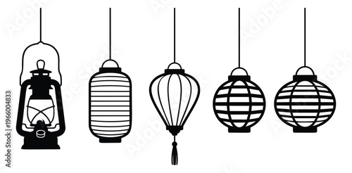 Silhouette icon set of 5 hanging lanterns featuring oil lamp, Chinese paper lanterns and round festival lights for cultural design