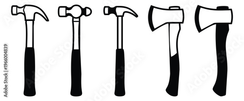 Mixed silhouette and outline icon set of 5 hammers and axes featuring carpentry tools for construction and woodworking design
