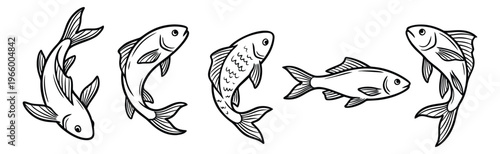 Outline icon set of 5 fish featuring koi carp and freshwater species in dynamic swimming poses for nature and aquatic design