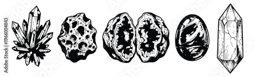 Engraving icon set of 5 crystals and gemstones featuring quartz cluster, geode, agate and mineral specimens for esoteric design