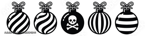 Flat icon set of 5 Christmas ornaments featuring striped and skull crossbones baubles for holiday and gothic design