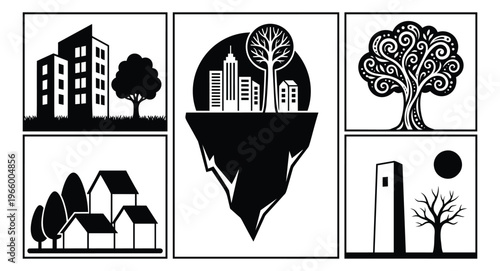 Silhouette icon set of 5 featuring city buildings, houses, trees and urban landscape concepts for real estate and environment design