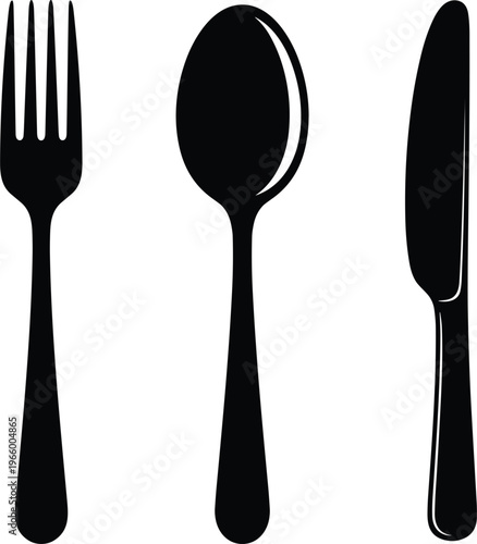 Cutlery Icon Set Featuring Fork, Spoon, and Knife for Dining, Kitchen, and Food Preparation Graphics