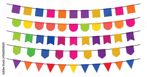 Flat icon set of 5 colorful party bunting garlands featuring square pennant round and triangle flag shapes for celebration design