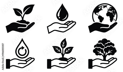 Silhouette icon set of 6 hands holding nature symbols featuring plant, water drop, globe and tree for environmental design