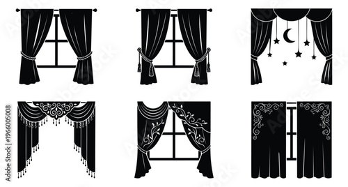 Silhouette icon set of 6 window curtains featuring decorative drapes with tassels stars and ornamental details for interior design