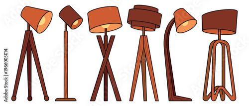 Cartoon icon set of 6 floor lamps featuring tripod and wooden stands with decorative shades for interior design