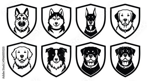 Bold outline icon set of 8 dog breed portraits featuring German shepherd, husky, doberman, rottweiler and golden retriever on shield emblems for pet and security design