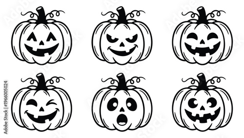 Outline icon set of 6 halloween pumpkins featuring jack o lantern faces with various spooky expressions for holiday design
