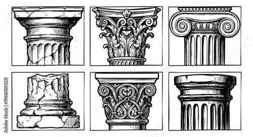Engraving icon set of 6 classical architectural column capitals featuring Doric Ionic and Corinthian orders for history and architecture design