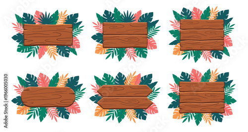 Flat set of 6 tropical wooden sign boards featuring monstera and palm leaves for summer banner design