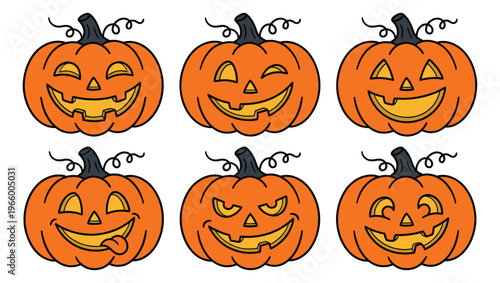 Cartoon icon set of 6 halloween pumpkins featuring different jack o lantern expressions and faces for seasonal design