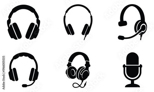 Silhouette icon set of 6 audio headphones and microphone symbols featuring gaming headset, DJ headphones and podcast mic for music and communication design