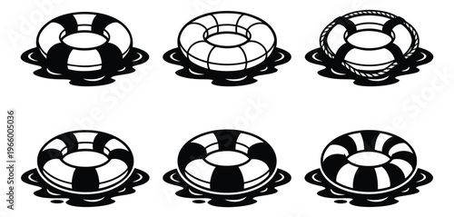 Cartoon icon set of 6 life preserver rings featuring plain, rope and striped swim float variations for summer and water safety design