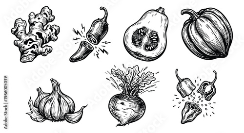 Engraving icon set of 7 spicy and root vegetables featuring ginger, chili, butternut squash, pumpkin, garlic, beetroot and habanero for food design