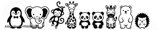 Cartoon icon set of 9 cute baby animals featuring penguin, elephant, monkey, giraffe, panda, zebra, polar bear and hedgehog for children design
