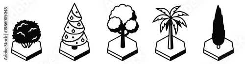 Outline icon set of 5 trees featuring bush, pine, oak, palm and cypress on hexagonal bases for nature and landscape design