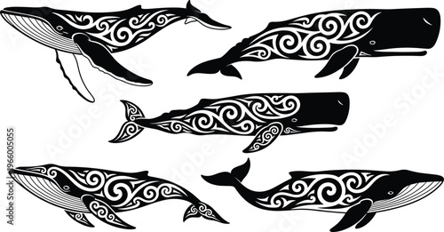 Tribal Polynesian Maori style whale silhouettes set featuring humpback and sperm whales with intricate swirling sea wave patterns for nautical designs.