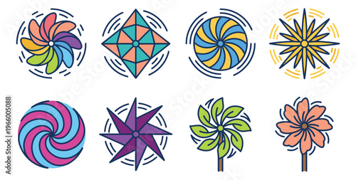 Cartoon icon set of 8 colorful pinwheel and windmill designs featuring spinning flower shapes for kids and summer design