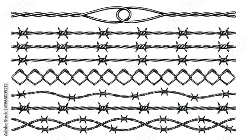 Sketch set of 7 barbed wire borders featuring twisted strands, diamond patterns and spiral designs for security and military themes