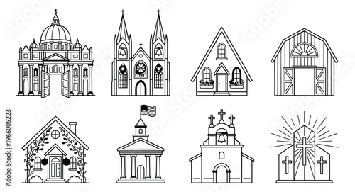 Outline icon set of 8 religious buildings featuring church, cathedral, chapel and barn architecture for faith and worship design