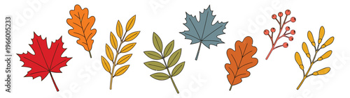 Flat icon set of 8 autumn foliage elements featuring maple, oak, rowan leaves and berry branches for seasonal design