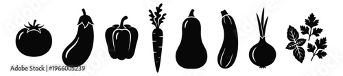 Silhouette icon set of 8 vegetables featuring tomato, eggplant, pepper, carrot, squash, zucchini, onion and parsley for food design