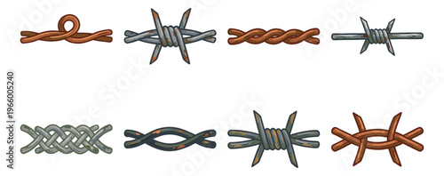 Cartoon icon set of 8 barbed wire variations featuring twisted metal strands, knots and rusty wire styles for security and industrial design