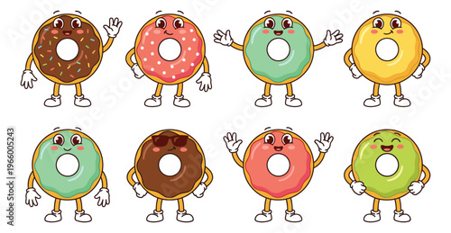 Cartoon character set of 8 colorful donut mascots featuring cute faces and expressive poses for bakery and food design
