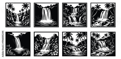Woodcut icon set of 8 tropical waterfall scenes featuring jungle palms, cascading water and lush foliage for nature design