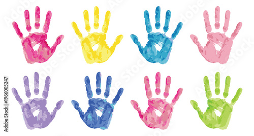 Watercolor clip art set of 8 colorful hand prints featuring paint textured palm impressions for kids and education design