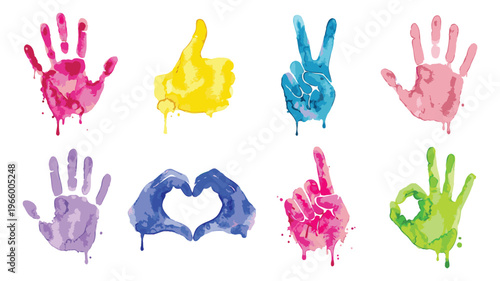 Watercolor icon set of 8 colorful hand gestures featuring thumbs up, peace sign, heart, ok sign and open palms for creative design