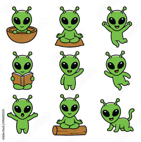 Cartoon icon set of 9 cute alien characters featuring meditation, reading, yoga and playful poses for kids and sci fi design