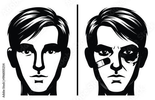 Woodcut illustration of male face before and after depicting injury and bruising for health and awareness design