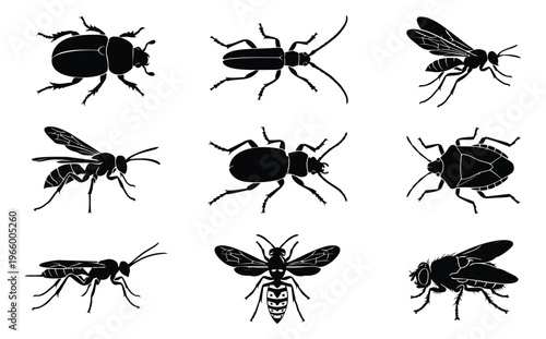 Silhouette icon set of 9 insects featuring beetle, wasp, fly, mosquito and bug species for entomology and pest control design