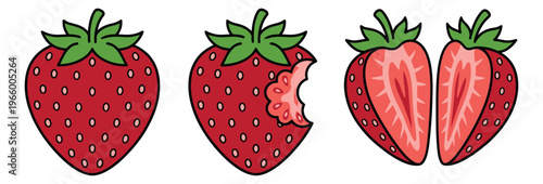 Cartoon icon set of 3 strawberry variations featuring whole, bitten and sliced fruit for food and recipe design