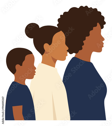 Flat illustration of three Black family members depicting generational profile portrait for diversity and family design