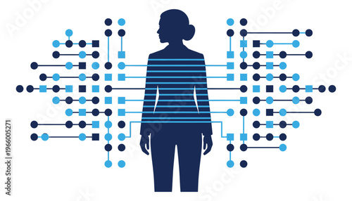 Flat silhouette illustration of a woman figure connected to digital network nodes depicting data processing and biometric technology for healthcare and tech design
