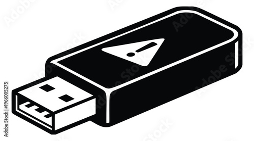 Cartoon illustration of a USB flash drive depicting a warning alert symbol for cybersecurity and data risk design