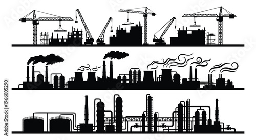 Silhouette banner set of 3 industrial scenes featuring construction cranes, factory smokestacks and oil refinery pipelines for engineering design