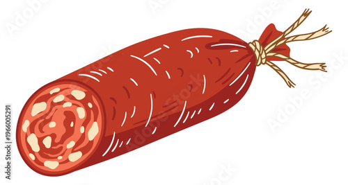 Cartoon illustration of salami sausage depicting a sliced cured meat log tied with twine for food and deli design