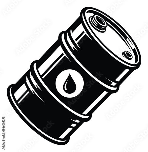 Bold woodcut illustration of an oil barrel depicting a tilted drum with drop symbol for energy and industry design