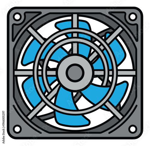 Cartoon illustration of a computer cooling fan depicting a blue blade rotor with protective metal grill for technology and hardware design
