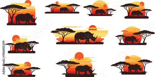 Rhinoceros safari sunset landscape collection with silhouettes, savanna trees and African wildlife scenery vector illustration set