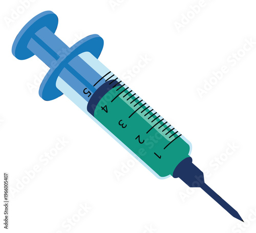Cartoon illustration of a medical syringe depicting a filled injection tool with measurement markings for healthcare design